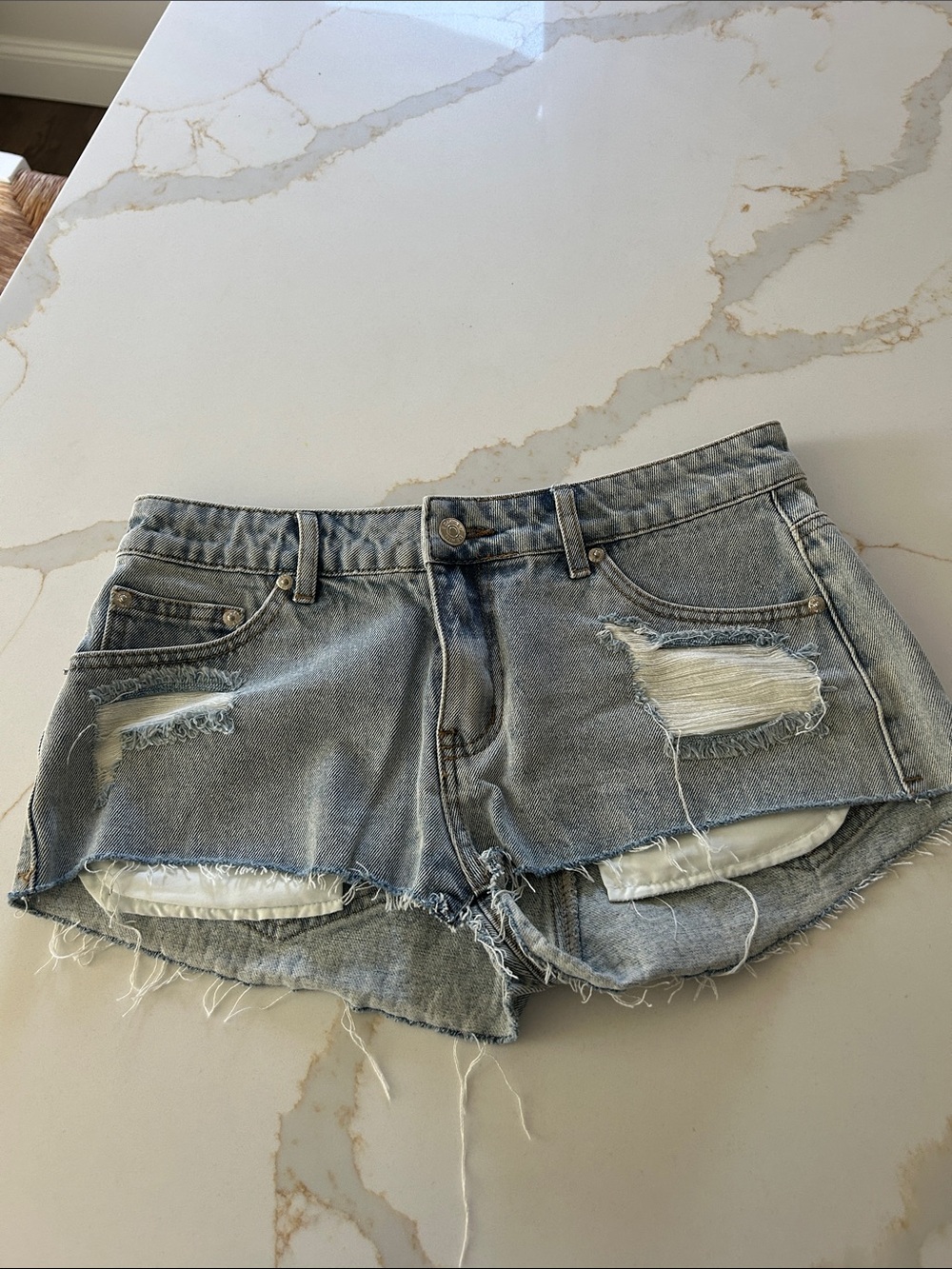 Edikted Light Blue Distressed Denim Jean Shorts